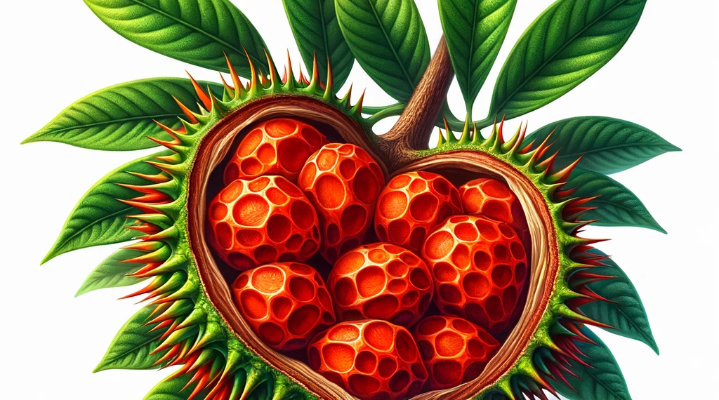 A-vibrant-and-realistic-illustration-of-Annatto-showing-the-Annatto-tree-its-heart-shaped-leaves